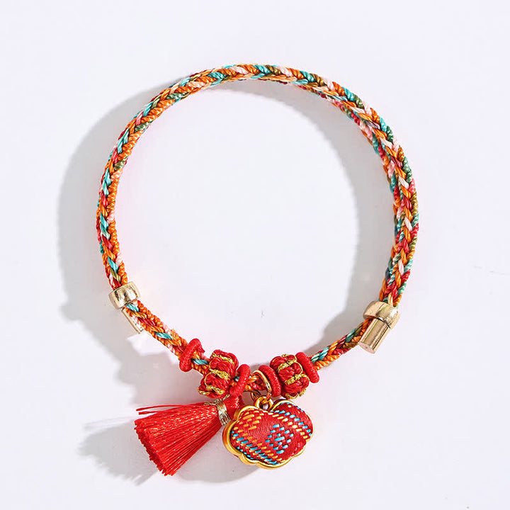 Buddha Stones Bracelet tressé Zongzi en brocart rouge Song rouge à cinq couleurs, porte-bonheur, avec breloque cadenas chinois, pomme, bourse et calebasse. - image 2