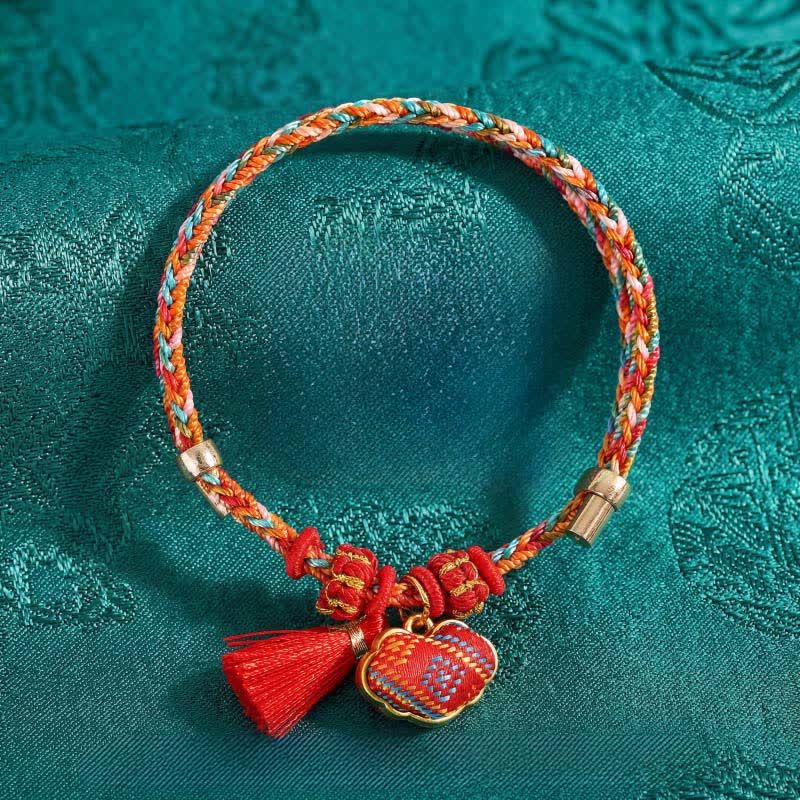 Buddha Stones Bracelet tressé Zongzi en brocart rouge Song rouge à cinq couleurs, porte-bonheur, avec breloque cadenas chinois, pomme, bourse et calebasse. - image 1