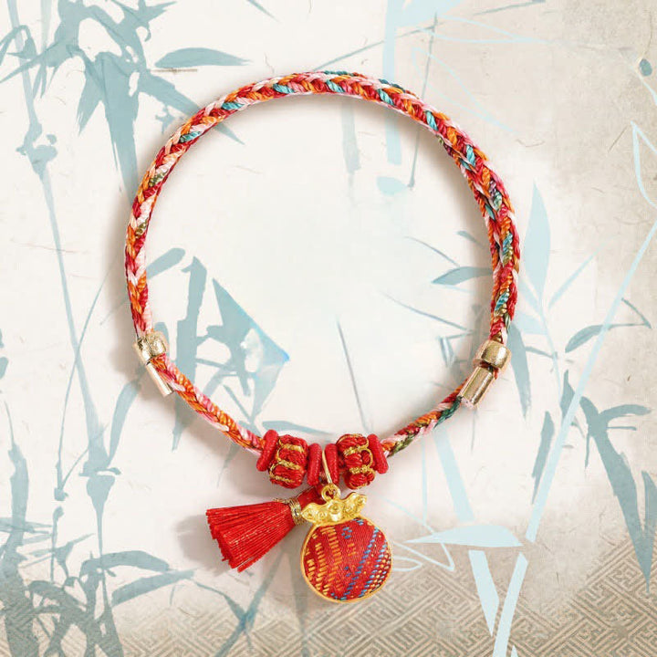 Buddha Stones Bracelet tressé Zongzi en brocart rouge Song rouge à cinq couleurs, porte-bonheur, avec breloque cadenas chinois, pomme, bourse et calebasse. - image 9