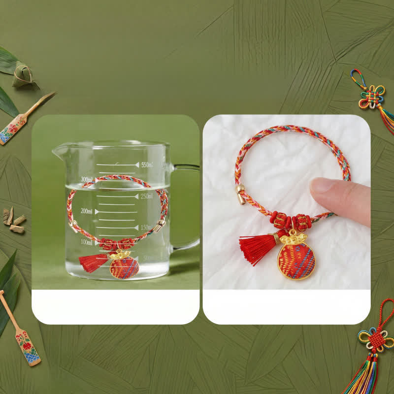 Buddha Stones Bracelet tressé Zongzi en brocart rouge Song rouge à cinq couleurs, porte-bonheur, avec breloque cadenas chinois, pomme, bourse et calebasse. - image 10