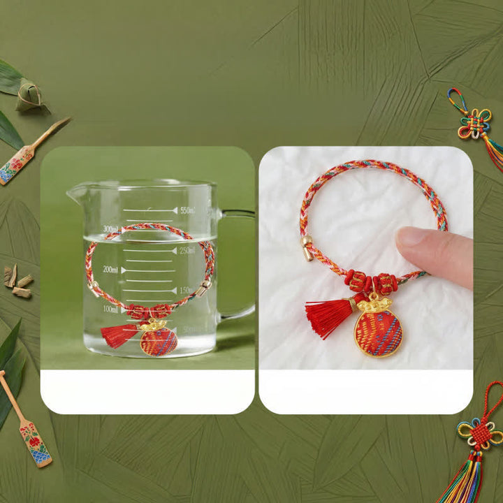 Buddha Stones Bracelet tressé Zongzi en brocart rouge Song rouge à cinq couleurs, porte-bonheur, avec breloque cadenas chinois, pomme, bourse et calebasse. - image 10