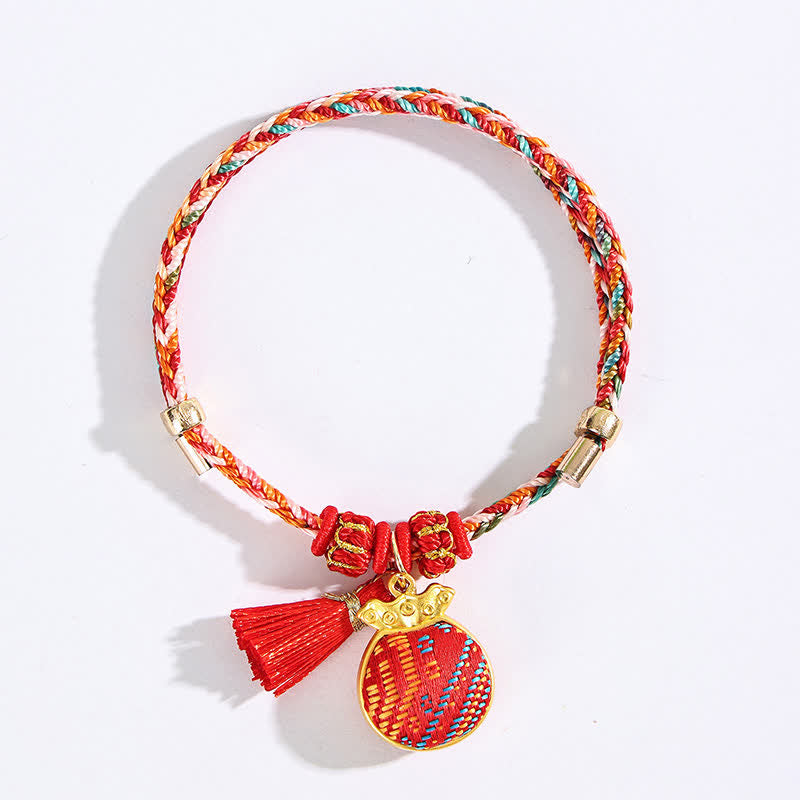 Buddha Stones Bracelet tressé Zongzi en brocart rouge Song rouge à cinq couleurs, porte-bonheur, avec breloque cadenas chinois, pomme, bourse et calebasse. - image 7