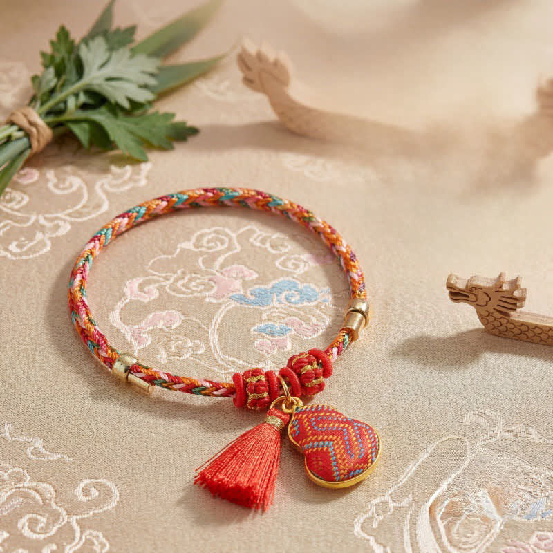 Buddha Stones Bracelet tressé Zongzi en brocart rouge Song rouge à cinq couleurs, porte-bonheur, avec breloque cadenas chinois, pomme, bourse et calebasse. - image 12