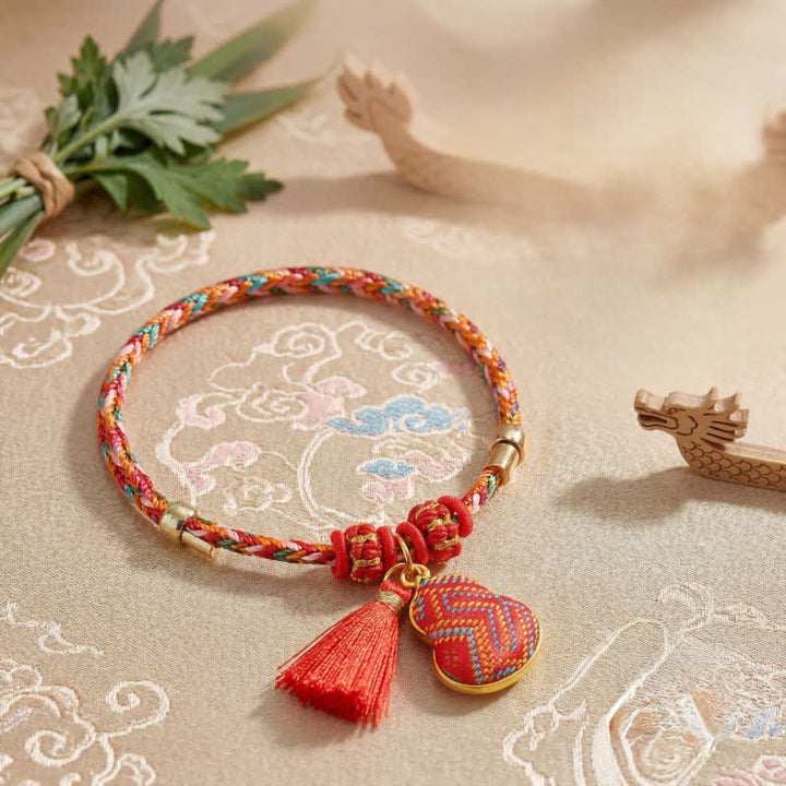 Buddha Stones Bracelet tressé Zongzi en brocart rouge Song rouge à cinq couleurs, porte-bonheur, avec breloque cadenas chinois, pomme, bourse et calebasse. - image 12