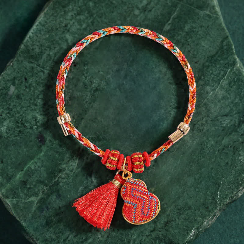 Buddha Stones Bracelet tressé Zongzi en brocart rouge Song rouge à cinq couleurs, porte-bonheur, avec breloque cadenas chinois, pomme, bourse et calebasse. - image 15