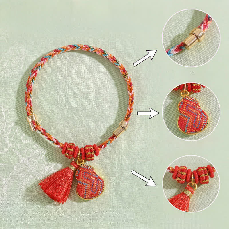 Buddha Stones Bracelet tressé Zongzi en brocart rouge Song rouge à cinq couleurs, porte-bonheur, avec breloque cadenas chinois, pomme, bourse et calebasse. - image 13