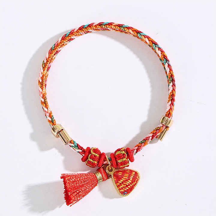 Buddha Stones Bracelet tressé Zongzi en brocart rouge Song rouge à cinq couleurs, porte-bonheur, avec breloque cadenas chinois, pomme, bourse et calebasse. - image 18