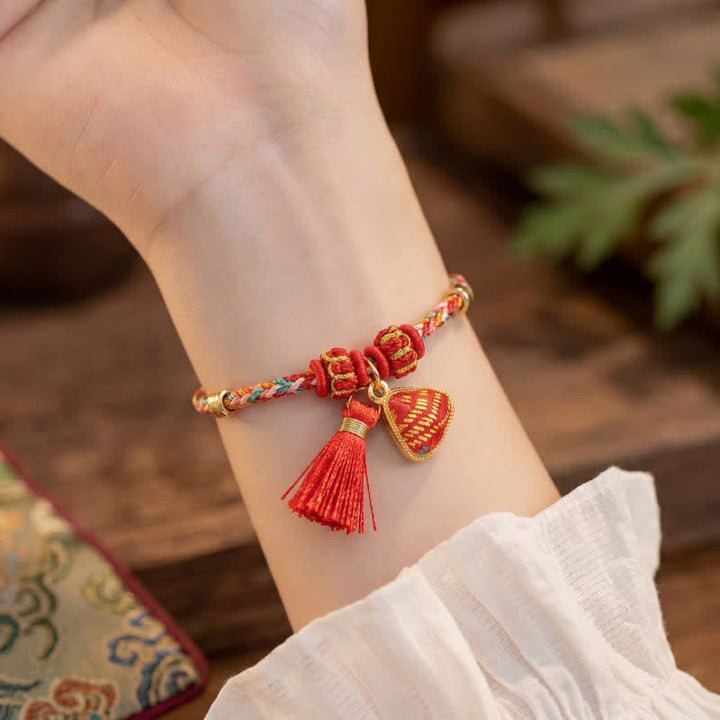 Buddha Stones Bracelet tressé Zongzi en brocart rouge Song rouge à cinq couleurs, porte-bonheur, avec breloque cadenas chinois, pomme, bourse et calebasse. - image 21