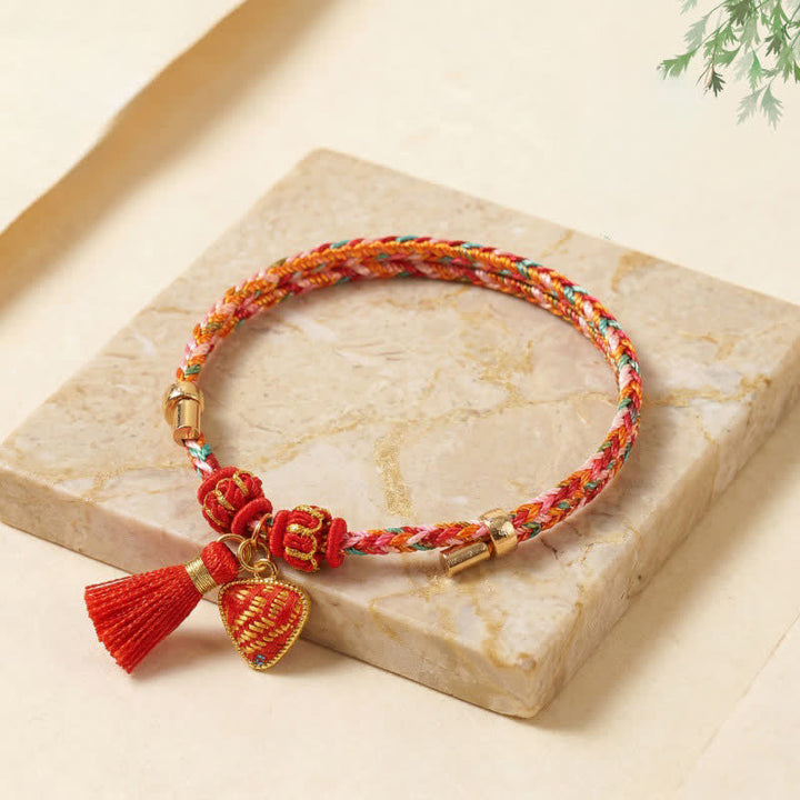 Buddha Stones Bracelet tressé Zongzi en brocart rouge Song rouge à cinq couleurs, porte-bonheur, avec breloque cadenas chinois, pomme, bourse et calebasse. - image 20