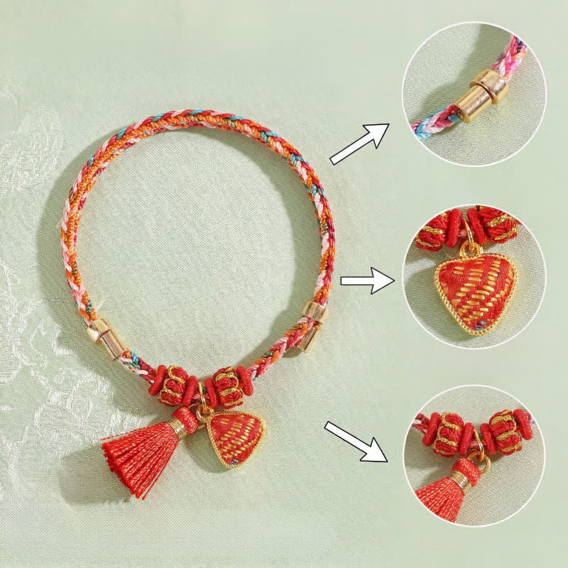 Buddha Stones Bracelet tressé Zongzi en brocart rouge Song rouge à cinq couleurs, porte-bonheur, avec breloque cadenas chinois, pomme, bourse et calebasse. - image 22