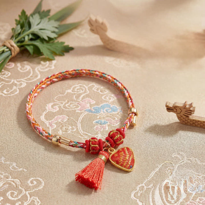 Buddha Stones Bracelet tressé Zongzi en brocart rouge Song rouge à cinq couleurs, porte-bonheur, avec breloque cadenas chinois, pomme, bourse et calebasse. - image 19