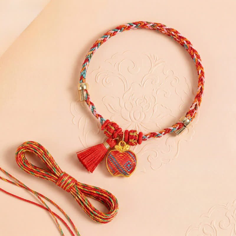 Buddha Stones Bracelet tressé Zongzi en brocart rouge Song rouge à cinq couleurs, porte-bonheur, avec breloque cadenas chinois, pomme, bourse et calebasse. - image 25