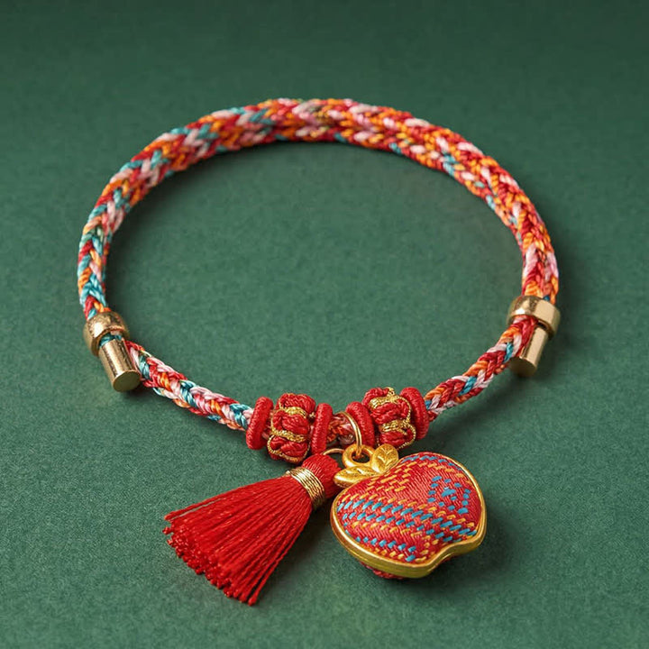 Buddha Stones Bracelet tressé Zongzi en brocart rouge Song rouge à cinq couleurs, porte-bonheur, avec breloque cadenas chinois, pomme, bourse et calebasse. - image 24