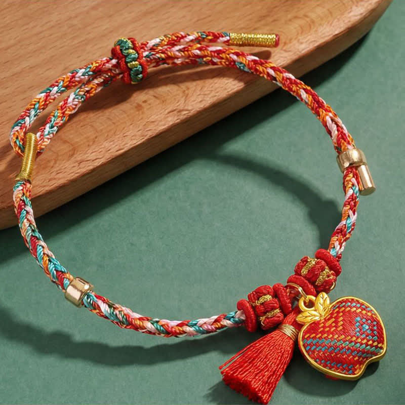 Buddha Stones Bracelet tressé Zongzi en brocart rouge Song rouge à cinq couleurs, porte-bonheur, avec breloque cadenas chinois, pomme, bourse et calebasse. - image 26