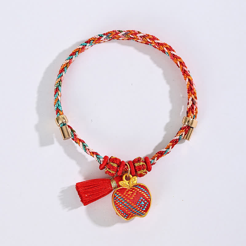 Buddha Stones Bracelet tressé Zongzi en brocart rouge Song rouge à cinq couleurs, porte-bonheur, avec breloque cadenas chinois, pomme, bourse et calebasse. - image 30