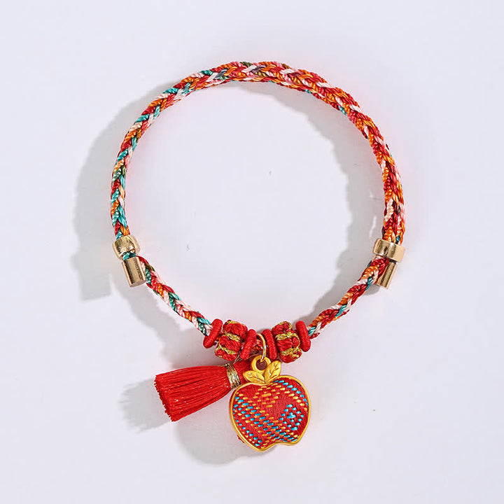 Buddha Stones Bracelet tressé Zongzi en brocart rouge Song rouge à cinq couleurs, porte-bonheur, avec breloque cadenas chinois, pomme, bourse et calebasse. - image 30