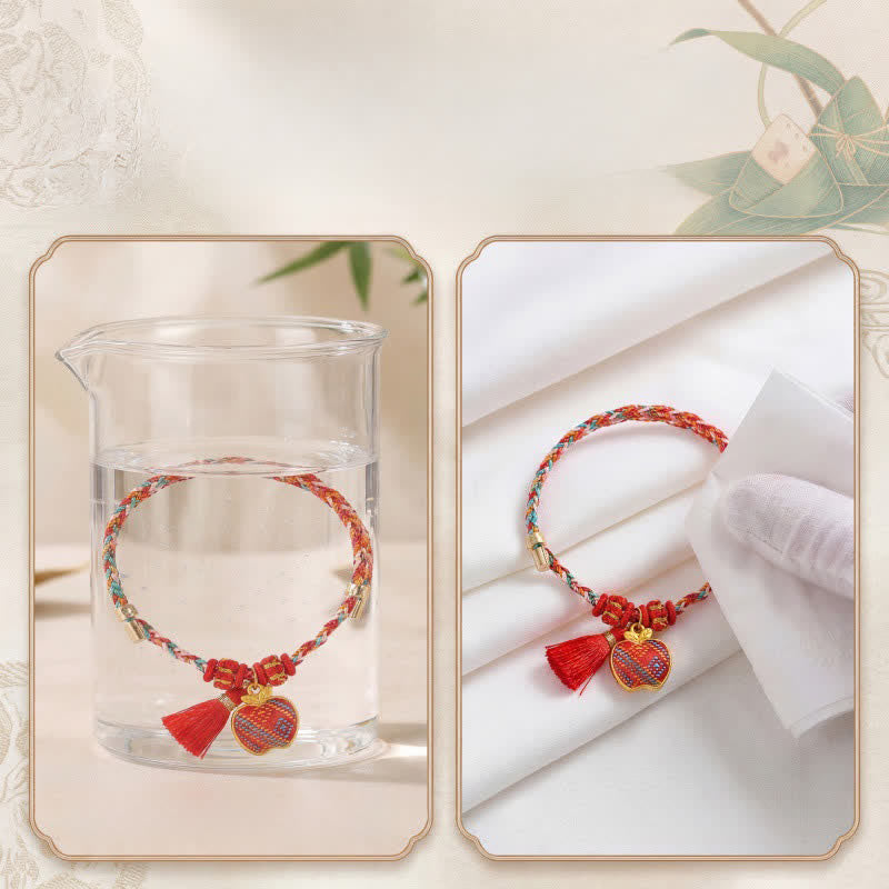 Buddha Stones Bracelet tressé Zongzi en brocart rouge Song rouge à cinq couleurs, porte-bonheur, avec breloque cadenas chinois, pomme, bourse et calebasse. - image 38