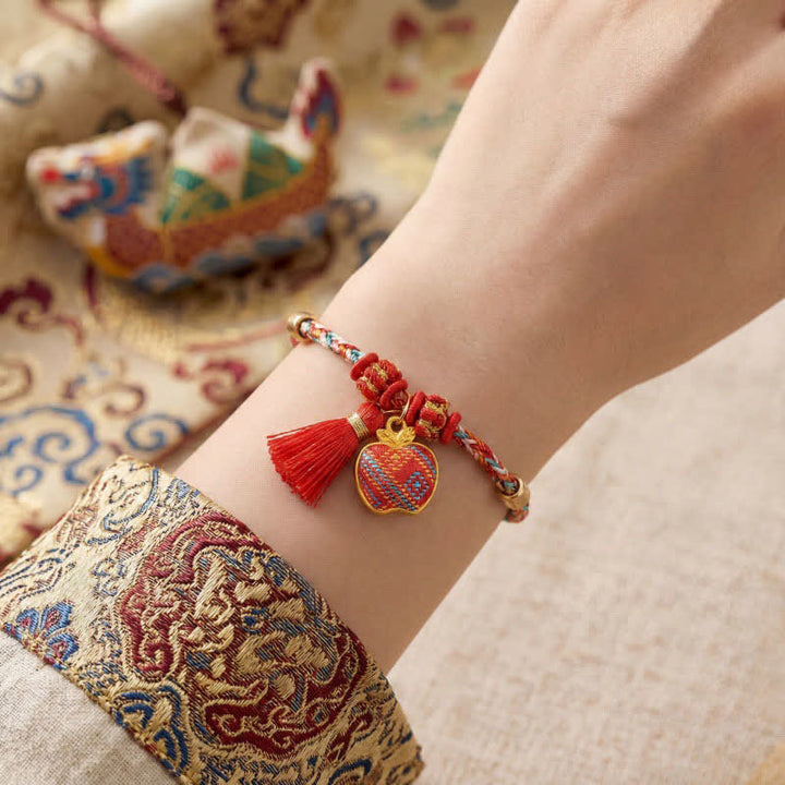 Buddha Stones Bracelet tressé Zongzi en brocart rouge Song rouge à cinq couleurs, porte-bonheur, avec breloque cadenas chinois, pomme, bourse et calebasse. - image 27