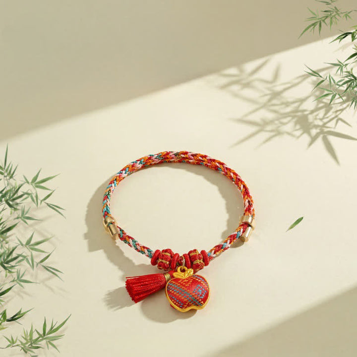 Buddha Stones Bracelet tressé Zongzi en brocart rouge Song rouge à cinq couleurs, porte-bonheur, avec breloque cadenas chinois, pomme, bourse et calebasse. - image 29