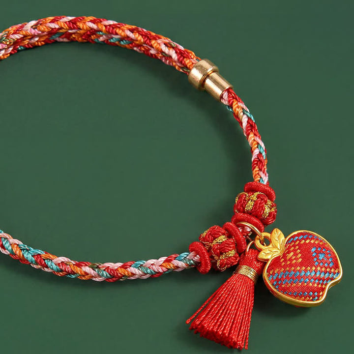 Buddha Stones Bracelet tressé Zongzi en brocart rouge Song rouge à cinq couleurs, porte-bonheur, avec breloque cadenas chinois, pomme, bourse et calebasse. - image 33