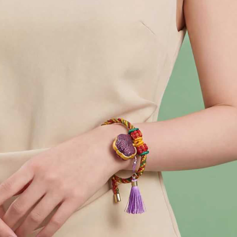 Buddha Stones Bracelet ajustable en brocart violet à cinq couleurs, orné d'un cadenas chinois et d'un pendentif porte-bonheur en forme de pomme, de calebasse ou de zongzi, tissé à la main. - image 11