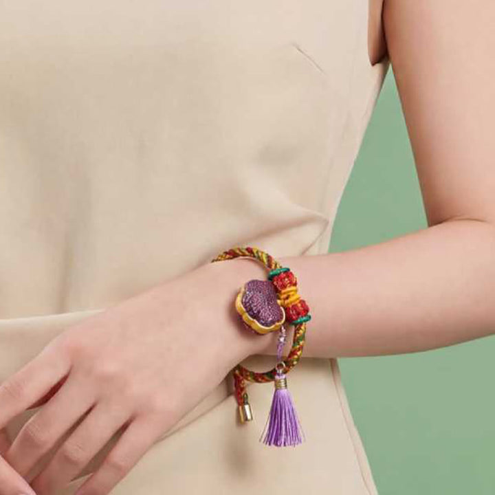 Buddha Stones Bracelet ajustable en brocart violet à cinq couleurs, orné d'un cadenas chinois et d'un pendentif porte-bonheur en forme de pomme, de calebasse ou de zongzi, tissé à la main. - image 11