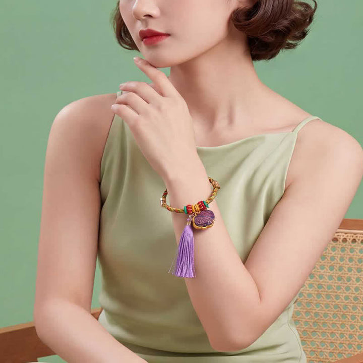 Buddha Stones Bracelet ajustable en brocart violet à cinq couleurs, orné d'un cadenas chinois et d'un pendentif porte-bonheur en forme de pomme, de calebasse ou de zongzi, tissé à la main. - image 12