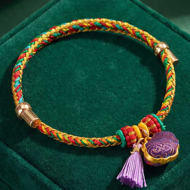 Buddha Stones Bracelet ajustable en brocart violet à cinq couleurs, orné d'un cadenas chinois et d'un pendentif porte-bonheur en forme de pomme, de calebasse ou de zongzi, tissé à la main. - image 2