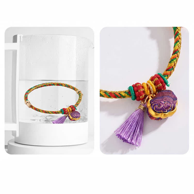 Buddha Stones Bracelet ajustable en brocart violet à cinq couleurs, orné d'un cadenas chinois et d'un pendentif porte-bonheur en forme de pomme, de calebasse ou de zongzi, tissé à la main. - image 14