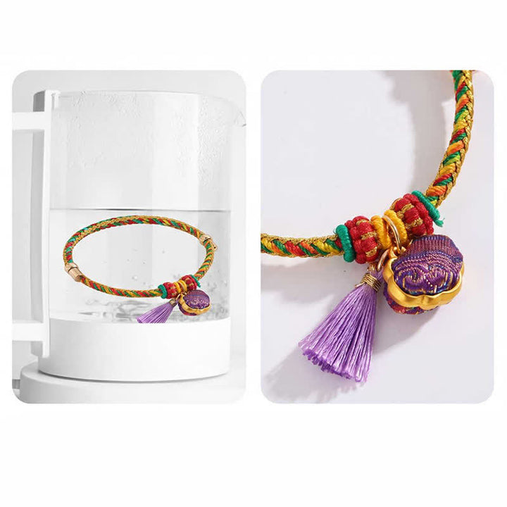 Buddha Stones Bracelet ajustable en brocart violet à cinq couleurs, orné d'un cadenas chinois et d'un pendentif porte-bonheur en forme de pomme, de calebasse ou de zongzi, tissé à la main. - image 14