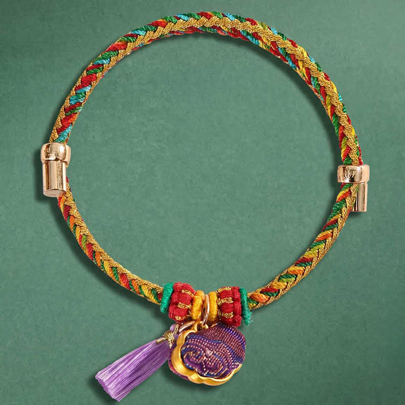Buddha Stones Bracelet ajustable en brocart violet à cinq couleurs, orné d'un cadenas chinois et d'un pendentif porte-bonheur en forme de pomme, de calebasse ou de zongzi, tissé à la main. - image 1