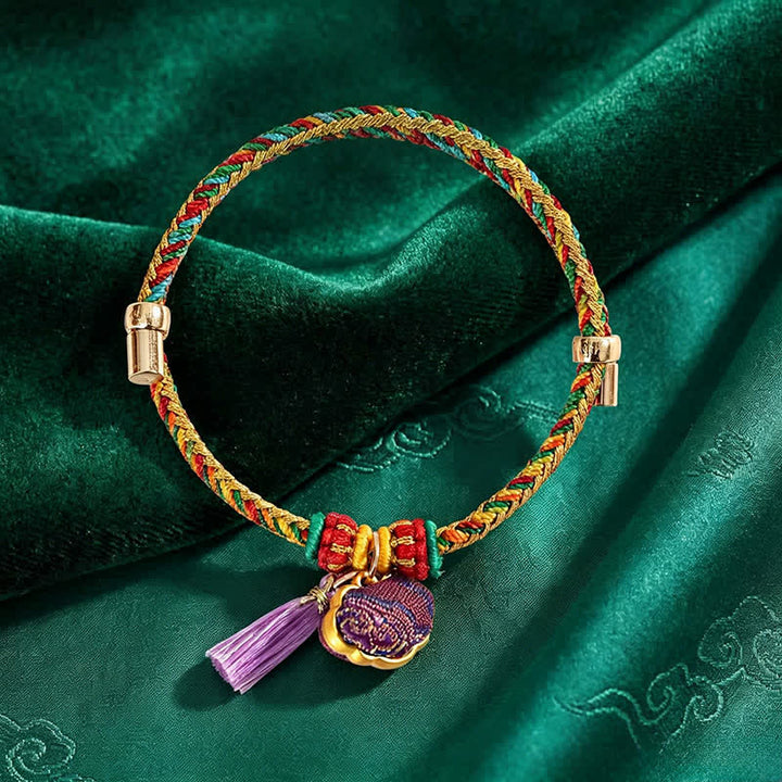 Buddha Stones Bracelet ajustable en brocart violet à cinq couleurs, orné d'un cadenas chinois et d'un pendentif porte-bonheur en forme de pomme, de calebasse ou de zongzi, tissé à la main. - image 5