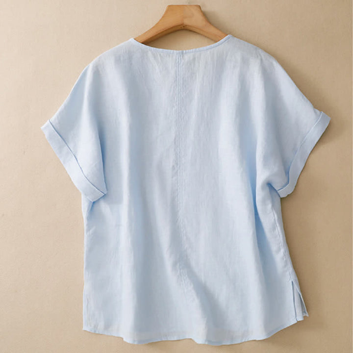 Buddha Stones T-shirts d'été minimalistes à manches courtes, col en V, coupe décontractée et fente latérale, pour femmes - image 1