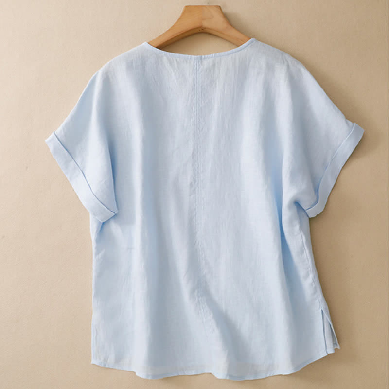 Buddha Stones T-shirts d'été minimalistes à manches courtes, col en V, coupe décontractée et fente latérale, pour femmes - image 1