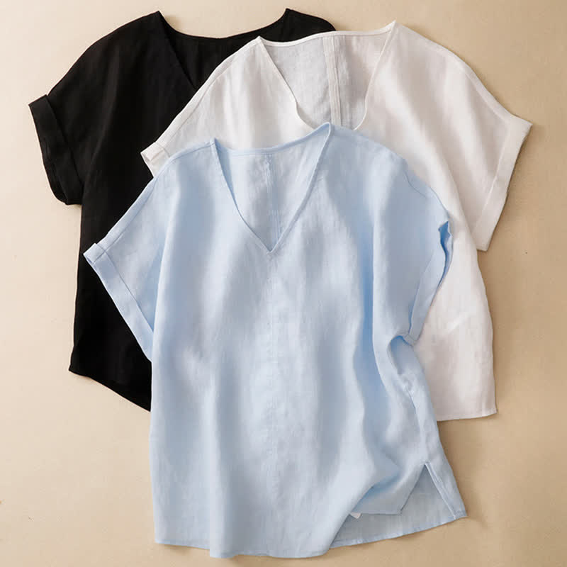 Buddha Stones T-shirts d'été minimalistes à manches courtes, col en V, coupe décontractée et fente latérale, pour femmes - image 18