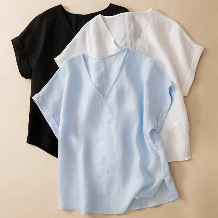 Buddha Stones T-shirts d'été minimalistes à manches courtes, col en V, coupe décontractée et fente latérale, pour femmes - image 18