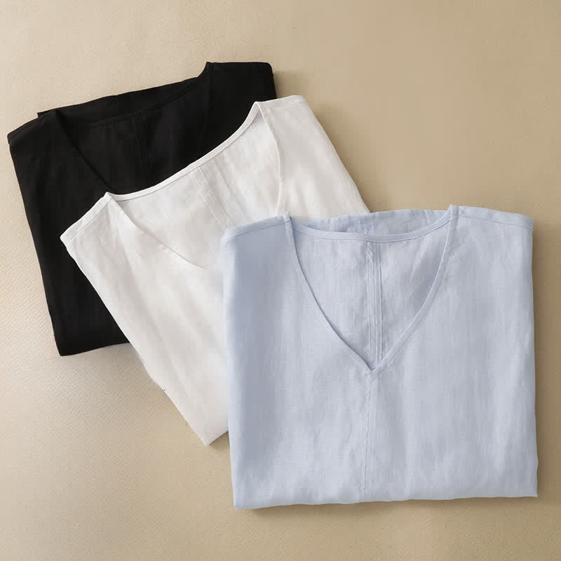 Buddha Stones T-shirts d'été minimalistes à manches courtes, col en V, coupe décontractée et fente latérale, pour femmes - image 19