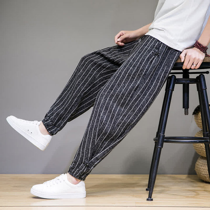 Buddha Stones Pantalon sarouel rayé à cordon de serrage, coupe courte, style décontracté d'été, avec poches. - image 11