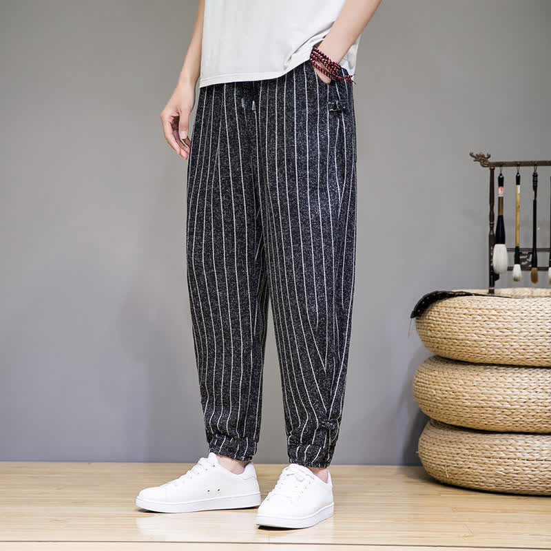 Buddha Stones Pantalon sarouel rayé à cordon de serrage, coupe courte, style décontracté d'été, avec poches. - Noir - US/UK/AU46, EU56 (5XL) - image 0