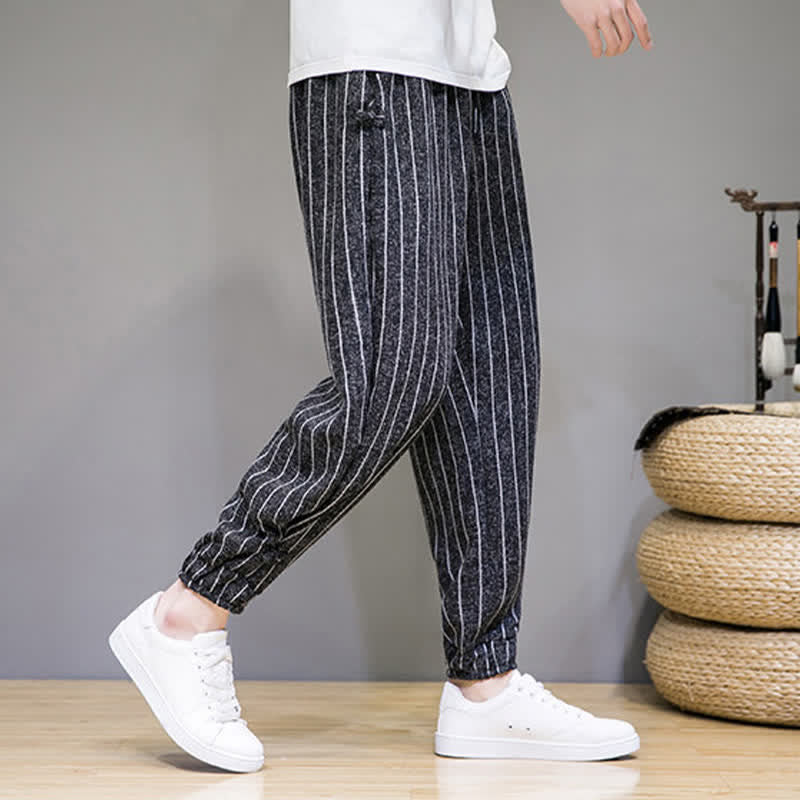 Buddha Stones Pantalon sarouel rayé à cordon de serrage, coupe courte, style décontracté d'été, avec poches. - image 2
