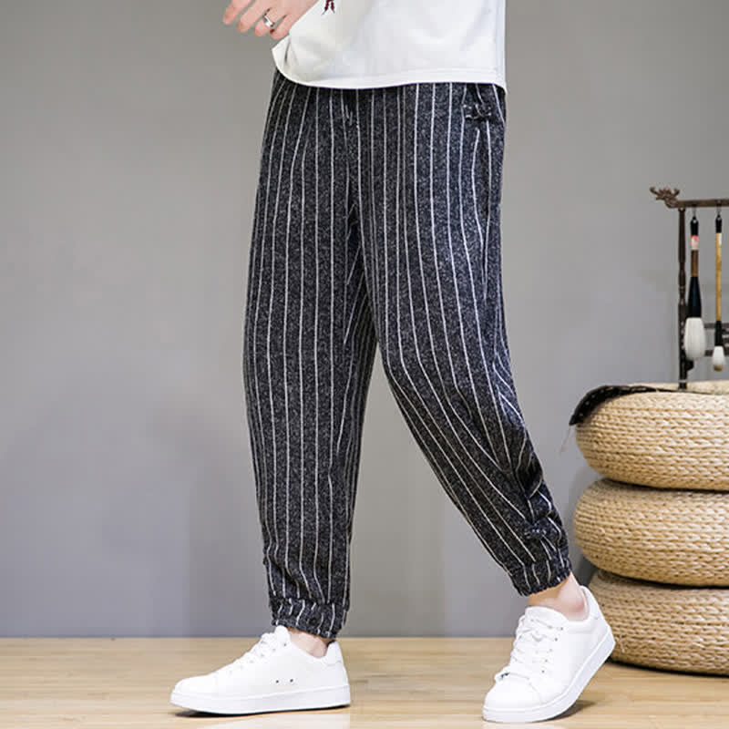 Buddha Stones Pantalon sarouel rayé à cordon de serrage, coupe courte, style décontracté d'été, avec poches. - image 1