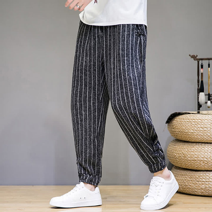 Buddha Stones Pantalon sarouel rayé à cordon de serrage, coupe courte, style décontracté d'été, avec poches. - image 1