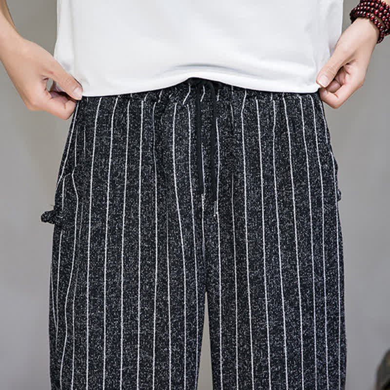 Buddha Stones Pantalon sarouel rayé à cordon de serrage, coupe courte, style décontracté d'été, avec poches. - image 7