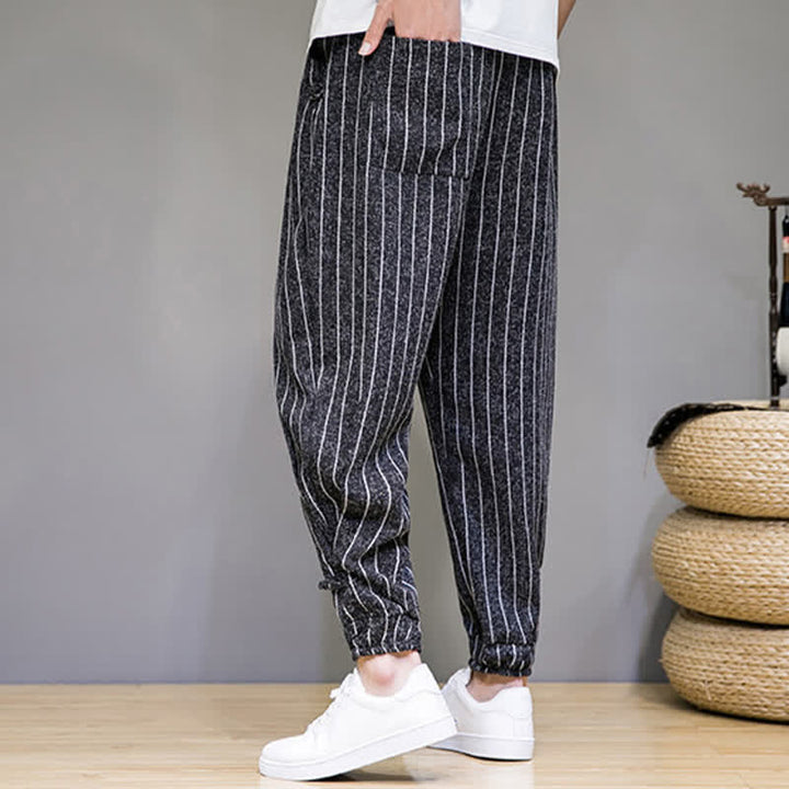 Buddha Stones Pantalon sarouel rayé à cordon de serrage, coupe courte, style décontracté d'été, avec poches. - image 4