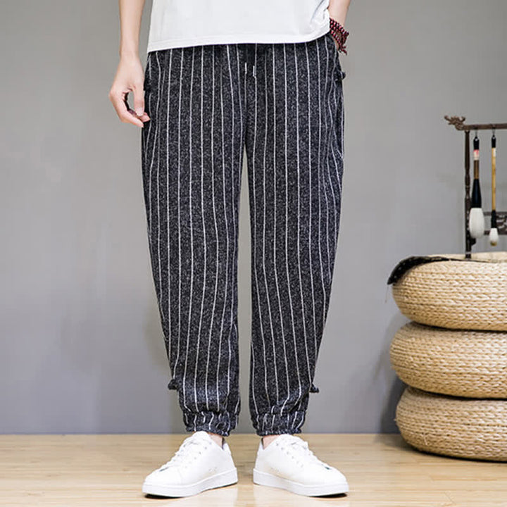 Buddha Stones Pantalon sarouel rayé à cordon de serrage, coupe courte, style décontracté d'été, avec poches. - image 5