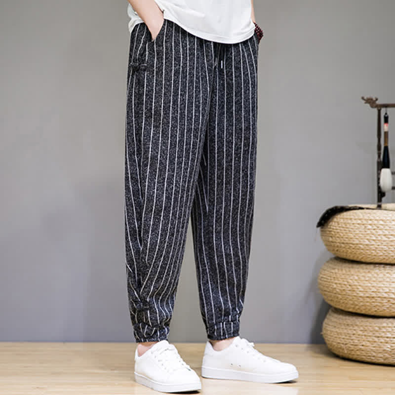 Buddha Stones Pantalon sarouel rayé à cordon de serrage, coupe courte, style décontracté d'été, avec poches. - image 3