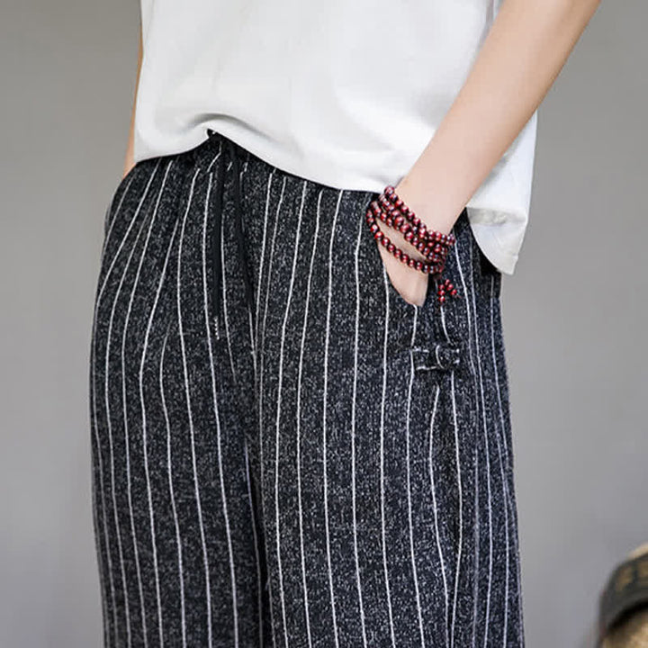 Buddha Stones Pantalon sarouel rayé à cordon de serrage, coupe courte, style décontracté d'été, avec poches. - image 9