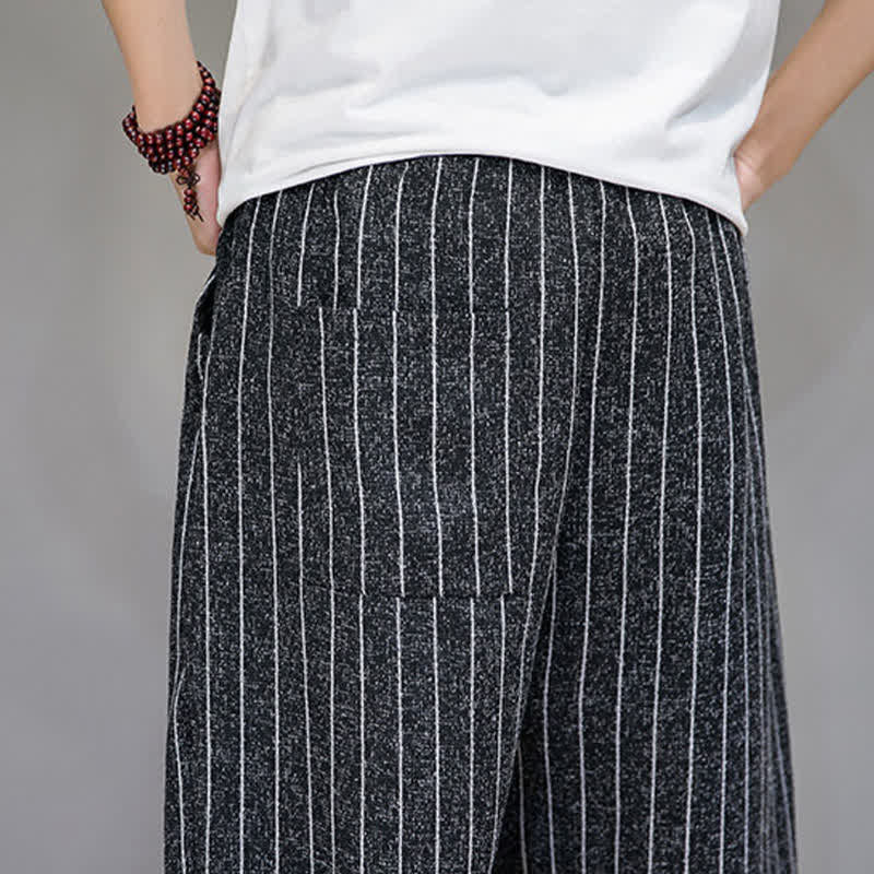 Buddha Stones Pantalon sarouel rayé à cordon de serrage, coupe courte, style décontracté d'été, avec poches. - image 8