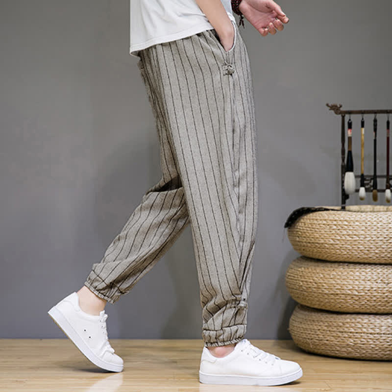 Buddha Stones Pantalon sarouel rayé à cordon de serrage, coupe courte, style décontracté d'été, avec poches. - image 22