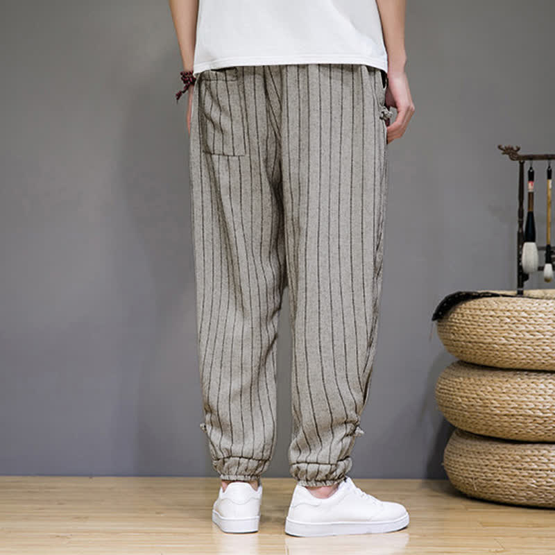 Buddha Stones Pantalon sarouel rayé à cordon de serrage, coupe courte, style décontracté d'été, avec poches. - image 24